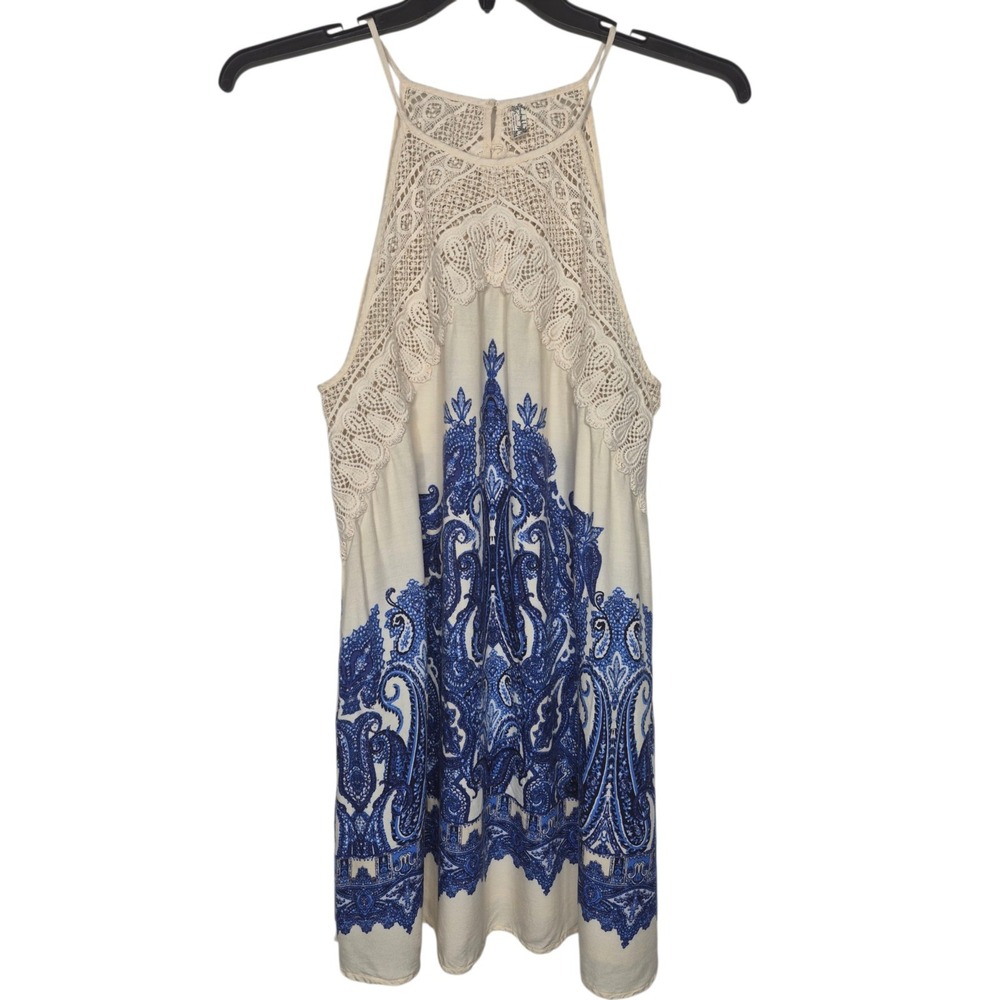 Free People Shea Crochet Lace Paisley Mini Dress Blue Beige Womens Medium
